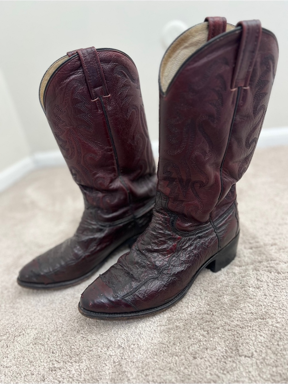 Vintage Dan Post Genuine Full Quill Ostrich Cowboy Boots Burgundy/Oxblood